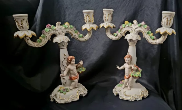 PAIR of ANTIQUE CAPODIMONTE CANDLE HOLDERS CANDELABRAS 2 LIGHT CHERUBS