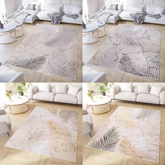 Teppich Kurzflor Grau Beige Modern Blätter 3D Effekt Wohnzimmer Schlafzimmer