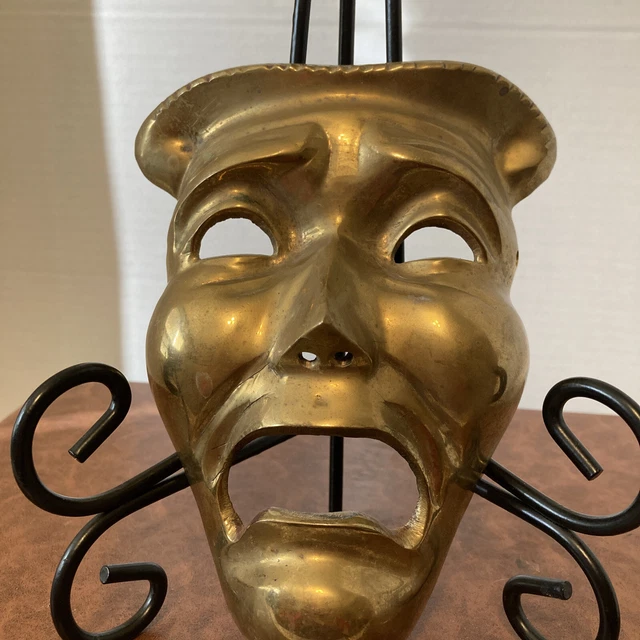 VINTAGE SOLID BRASS Tragedy Theater Drama Mask Wall Hanging Decor 25.