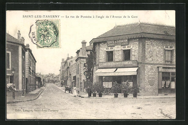 CPA Saint-Leu-Taverny, La rue de Pontoise à l´angle de l´Avenue de la Gare, Caf