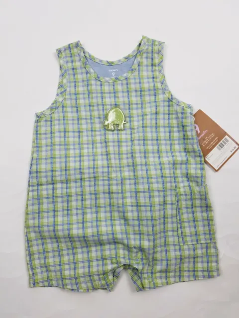 Carters Infant Boys One Piece Size 9 Months Turtle Green Plaid Short Sleeve