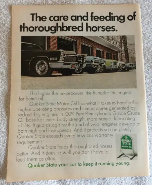 Quaker State Motor Oil The Care and Feeding of Thoroughbred Horses Print Ad 1968