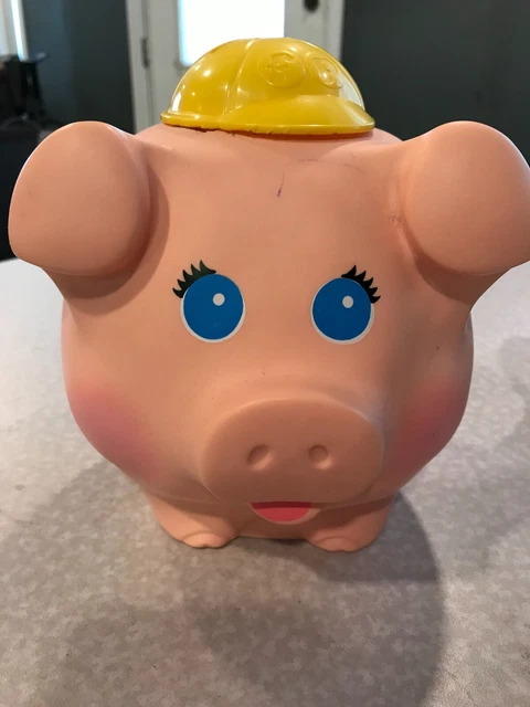 Vintage Fisher Price 1980  Pink Pig  PIGGY BANK   Yellow Hard Hat  Quaker Oats