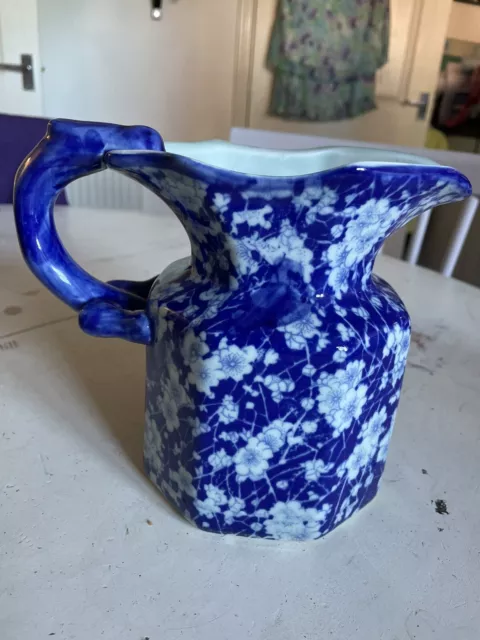 Victoria Ware Ironstone Blue/White Calico Floral Jug Octagonal Vintage Farmhouse