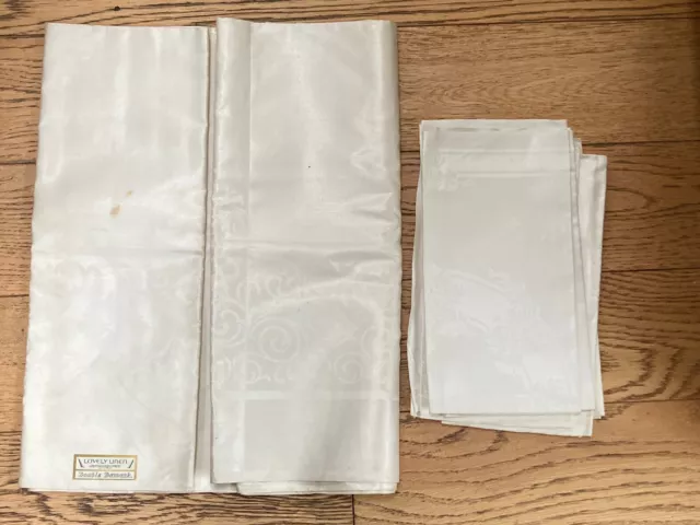 Irish Linen - Double Damask Large Ivory Tablecloth & 6 Napkins - Vintage