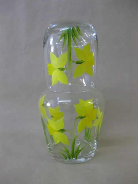 Vintage Hand Painted Glass Water Carafe / Decanter & Glass / Tumbler ~ Daffodils