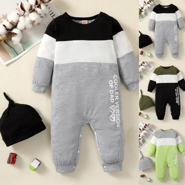 Newborn Baby Boys Colorblock Long Sleeve Romper Bodysuit Jumpsuit Hat Set Outfit