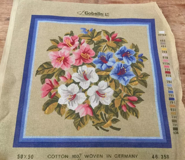 VINTAGE & NEW GOBELIN FLORAL BLUES TAPESTRY CANVAS  15" X 15" ref 46 358