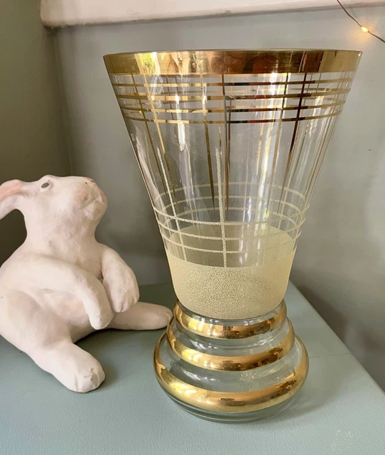 Grand Vase Vintage 80's En Verre Soufflé émaillé Blanc Et Doré - Hauteur 38cm