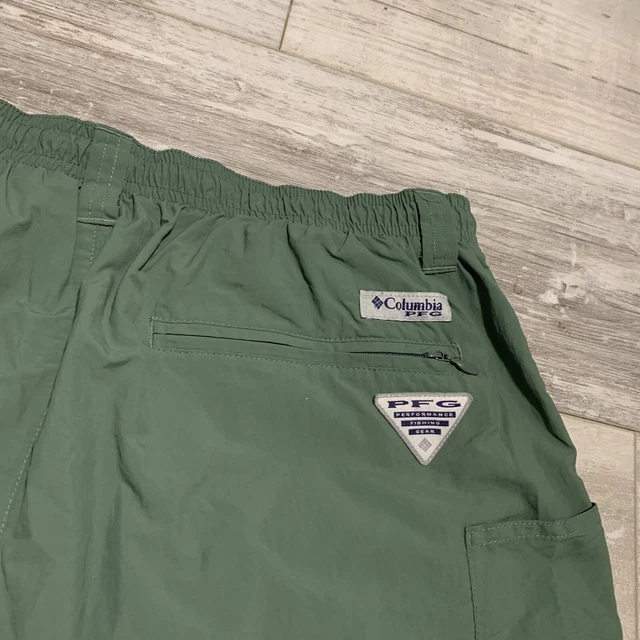 Columbia PFG Omni Shade Green NYLON Fishing Shorts Swim Trunks Mesh Lined Sz Lg