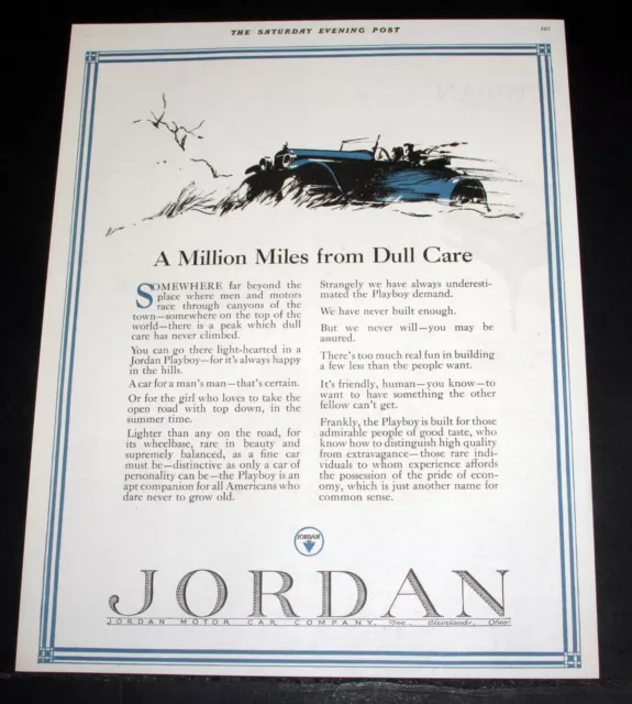 1923 Old Magazine Print Ad, Jordan Motor Cars, A Million Miles From Dull Care!