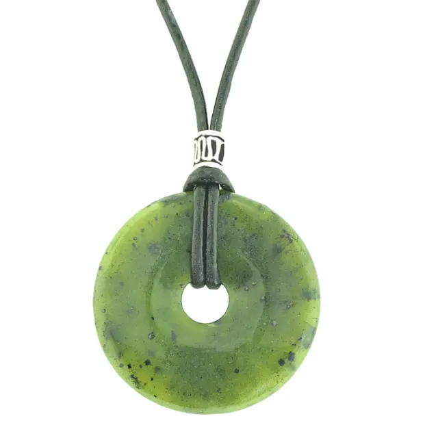 Canadian Jade 40mm Donut Pi Stone Necklace Leather Cord Good Luck Health Wealth