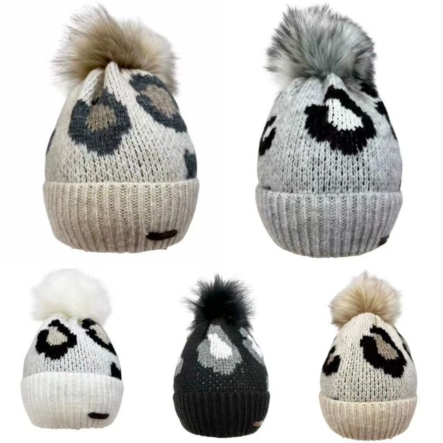 Bonnet Streetwear Noir à Pois Blancs Et Pompon Fausse Fourrure Gris
