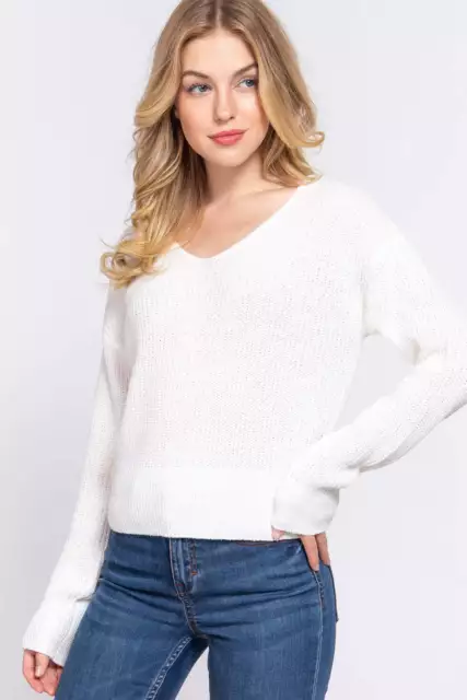 Women's Dolman Long Sleeve V-neck Strappy Open Back Soft Sweater - Off White