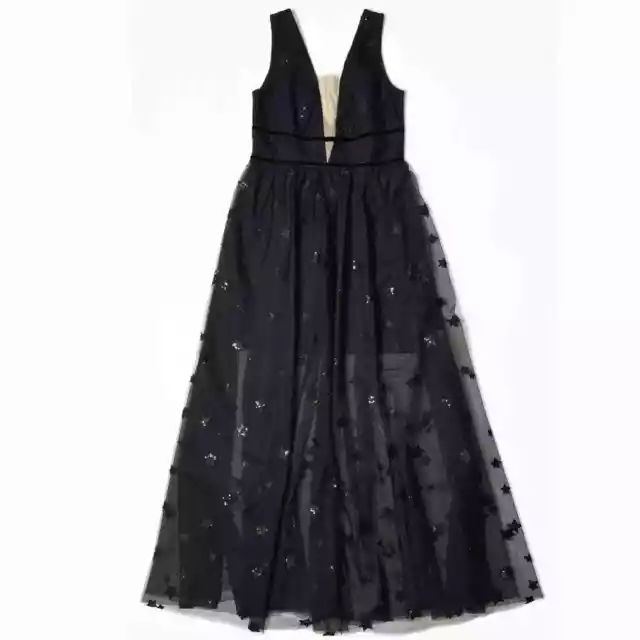 Ochirly Star Embroidered Tulle Plunge V Neck Black Sleeveless Maxi Dress S