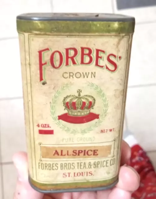 Very Old FORBE'S "CROWN" 4 oz. SPICE TIN...ALLSPICE...St Louis, Missouri