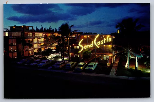 Postcard Fort Lauderdale FL Florida Sand Castle Resort Motel Night View Old Cars