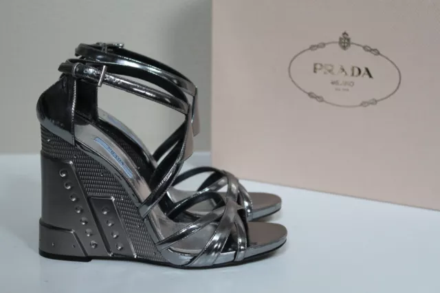 New 9.5 / 39.5 Prada Crisscross Molded Wedge Silver Leather Chrome Sandal Shoes