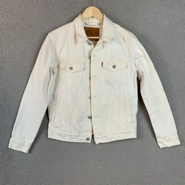 Levis Mens Small Trucker Premium Denim Off White Classic Jean Jacket Flaw