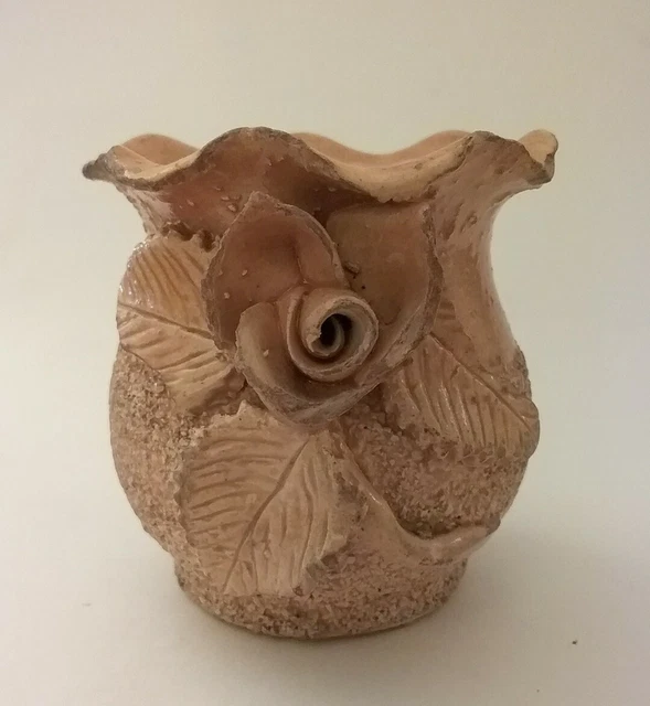 Antique Ruffle Top Yellow Ware Pottery Sand Majolica Vase W/ Applied Flower