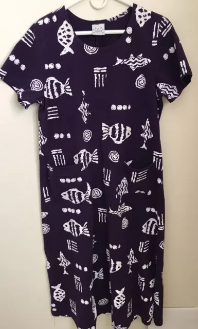 Vintage Donna Brand Size Large Ankle Length Purple Dress With White Graphics S/S
