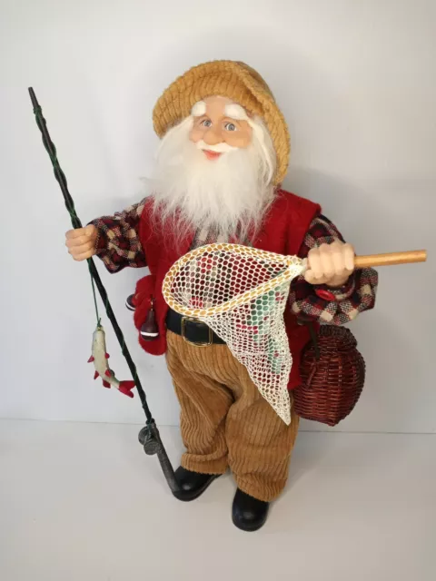Fishing Fisherman Santa Claus w Pole Net Basket Fish 17" Tall Christmas Figure