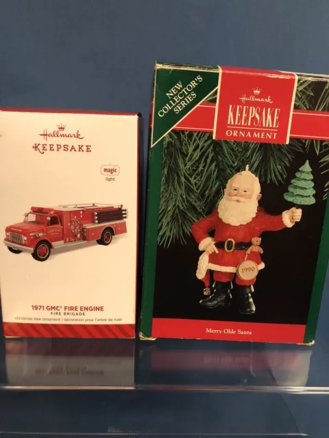 2014 Hallmark Keepsake Ornament 1971 GMC Fire Engine NEW & Merry Ole Santa 1990