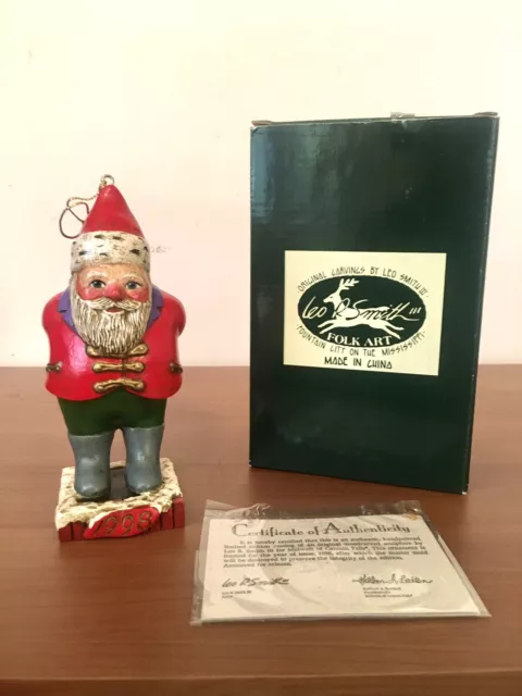 RARE LEO SMITH Folk Art SANTA ORNAMENT 1998 w/COA, BOX MINT! NEW!!