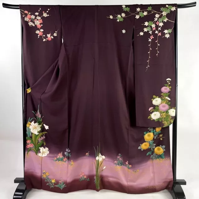 Japanese kimono SILK"FURISODE" Gold leaf/Threads, sign NIROMICHI N,L5' 6"..3474
