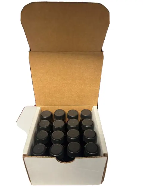 1/2 Oz Amber Glass Bottles with lid (16 bottles and 16 lids) and 1- storage box