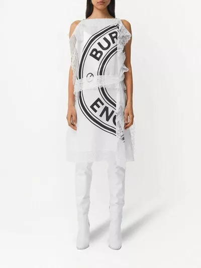 BURBERRY 100% Silk Lace Detail Logo Print Midi Dress White US 6 IT 40 Org $2,690