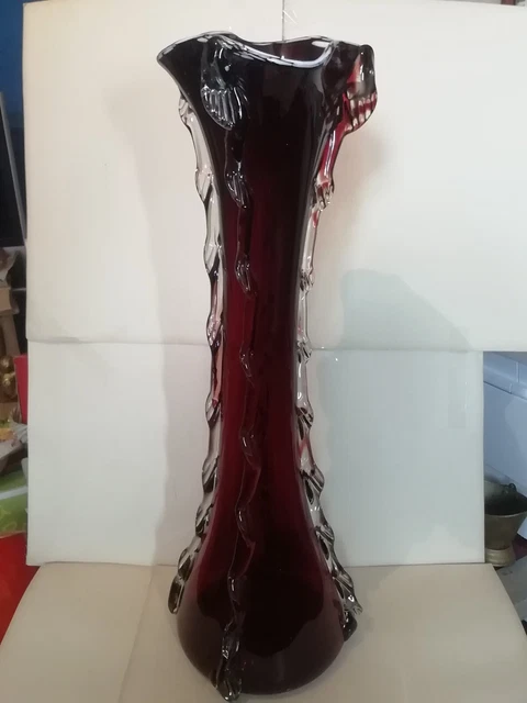 Very Tall Murano Style Hand Blown Red And Clear Glass Vase, (19 3/4 Inches Tall)