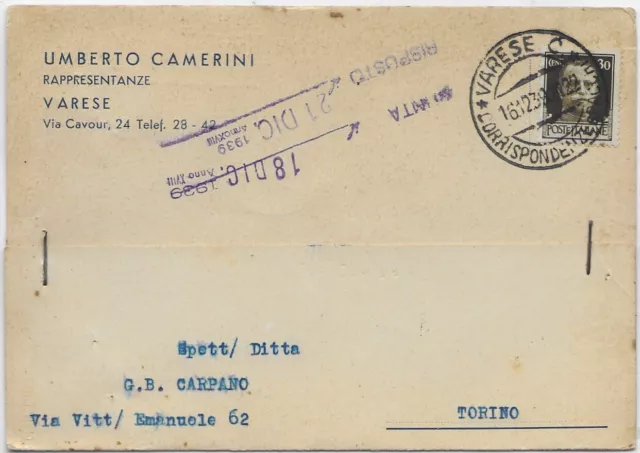 Cartolina Postale Della Ditta Umberto Camerini Alla Ditta Carpano Di Torino 1939