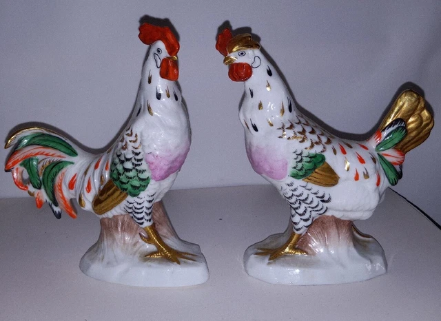 Antique Samson Paris Porcelain Rooster Chicken Hen Cockerel Hand Painted Pair