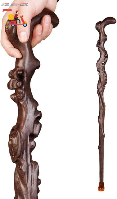 Wood Cane with Supportive Curved Handle, Exquisite Carving Walking Canes, Handma