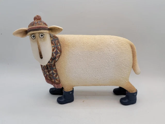 Vintage 2005 Enesco Sheep Lamb In Winter Hat & Scarf With Blue Boots Figurine