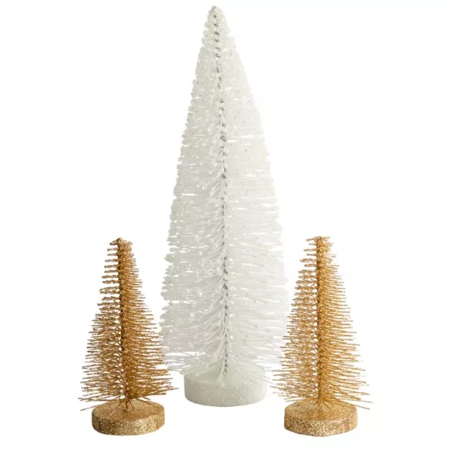 White and Gold Glittered Bottle Brush Trees | Set of 3