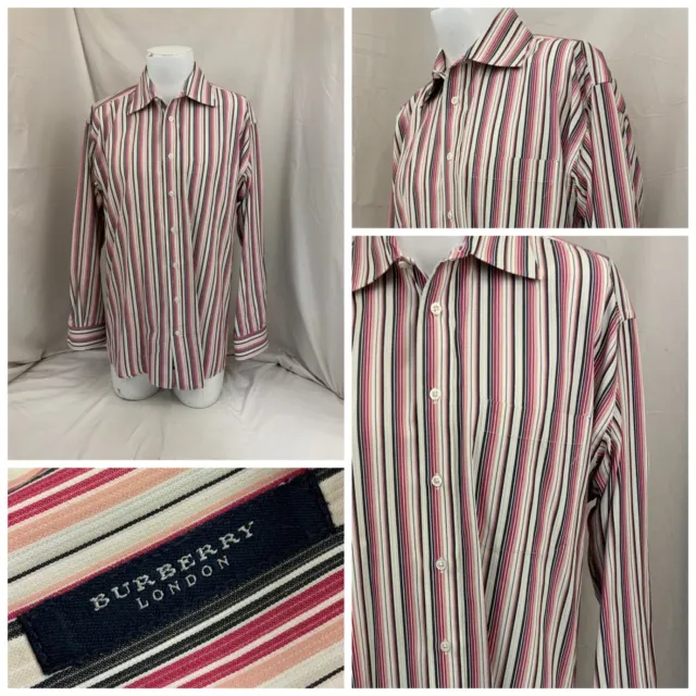 BURBERRY LONDON LONG Sleeve Shirt L White Pink Stripe Cotton USA YGI P2 ...