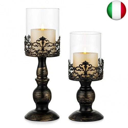 Portacandele A Colonna Vintage | Set Di 2 In Metallo Nero | Per