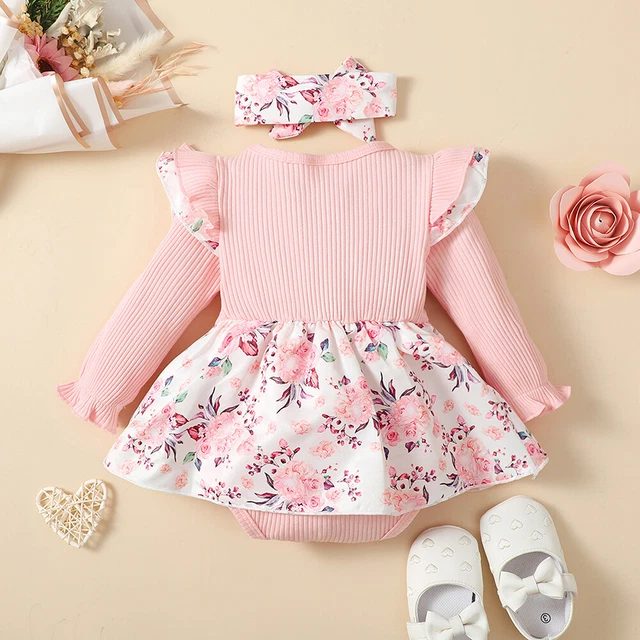 Newborn Baby Girls Floral Ribbed Outfits Romper Dress Headband Set Party Clothes 5