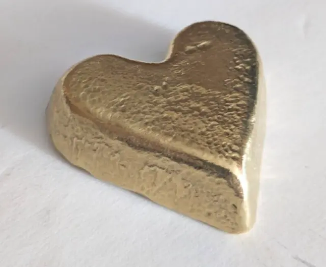 Brass Heart, 9.4 Ounces, Hand Poured, Cast is Unique 2x2x.75 Inches Paper Weight