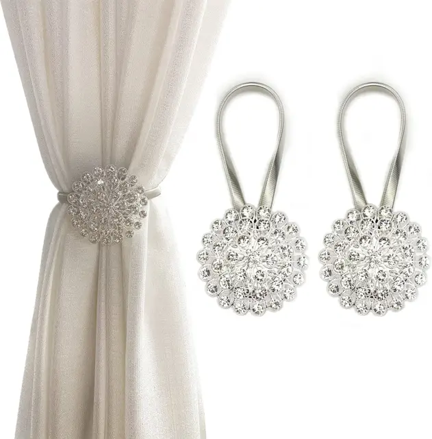 Magnetic Tiebacks for Curtains, 2 Pack Sparkling Crystal Flower Curtain Tiebacks
