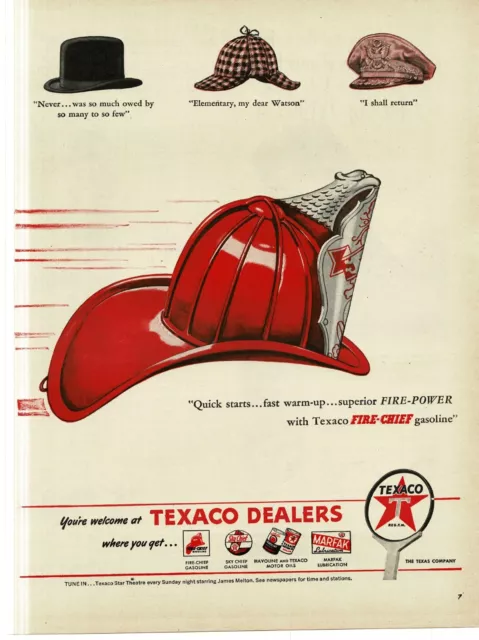 1946 Texaco Fire Chief Gas Gasoline Red Fireman Helmet famous hats quotes Ad