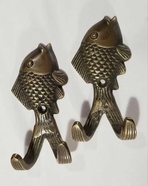 2 Vintage Style FISH HOOKS Solid Brass Coat Hat Towel Hanger 3" #C23