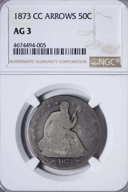 1873-CC Seated Liberty Half Dollar NGC AG3 Neat Carson City Piece WNNM