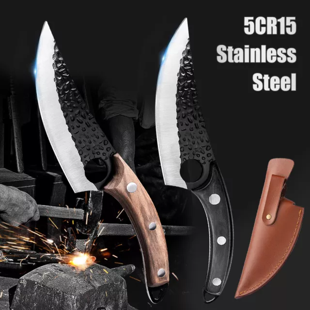 Hand Forged Professional Kitchen Knife Meat Chopping Boning with Leather Sheath