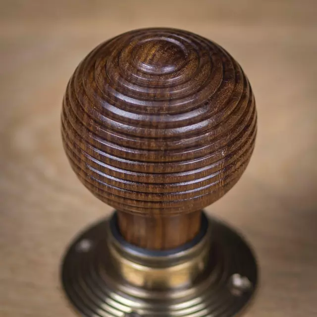 Beehive Door Knob | Natural Rosewood | Antique Brass Mortice | Pair New 2