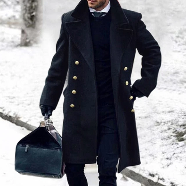 Men Woolen Long Jacket Trench Coat Double Breasted Overcoat Warm Outwear Winter