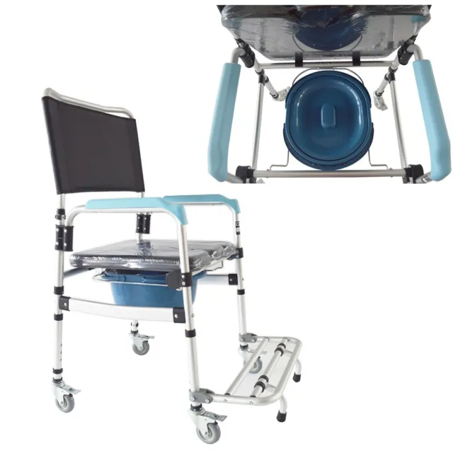 Cómoda móvil portátil silla de ruedas de inodoro de aleación de aluminio asiento de inodoro para ancianos