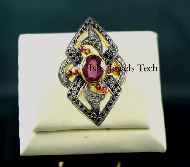Handmade Jewelry Natural Rose Cut Diamond & Ruby Gold & 925 Sterling Silver Ring